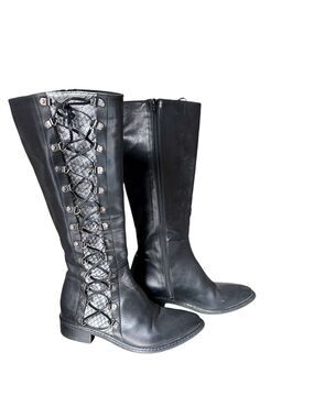 Stelle Monelle Knee High Leather Riding Boot with Side Lace/Snake Print Inserts